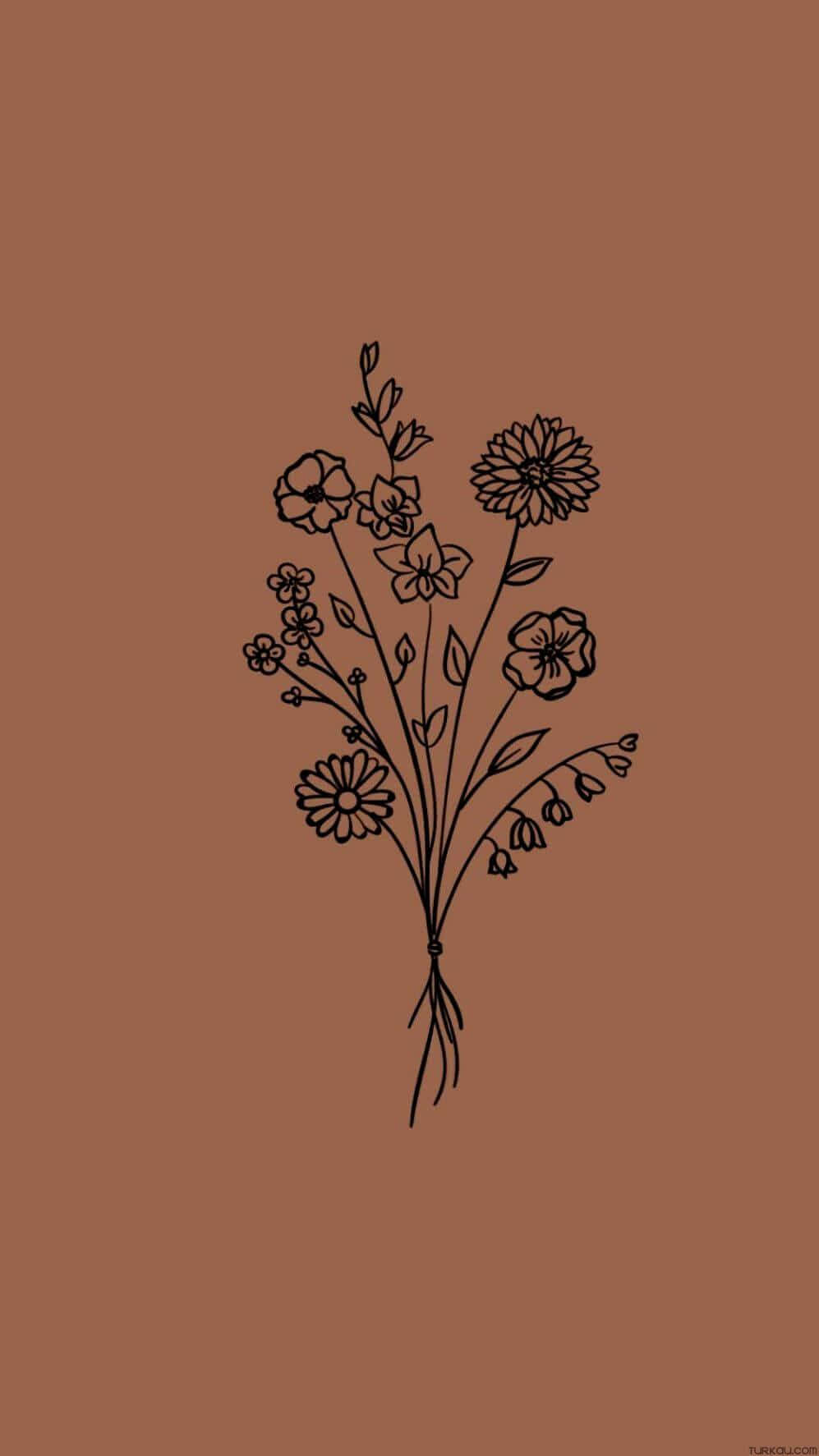 Flower Phone 桌布 壁紙 — 在純色陶土背景上，一束野花的極簡黑色線條畫。