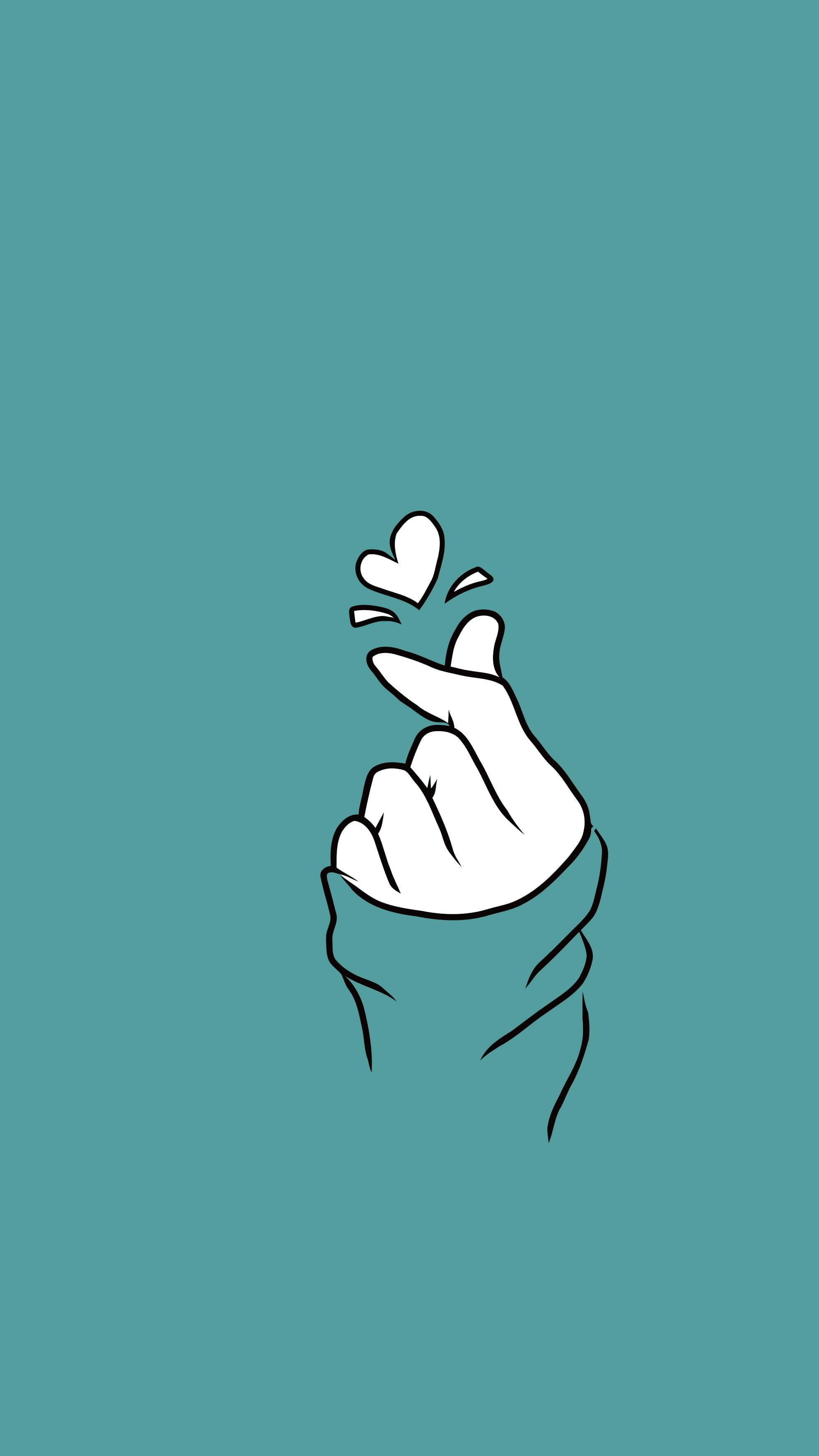 青色GIF 桌布 壁紙 — 在純色青綠色背景上，一隻手做出心形手勢的極簡白色線條畫。