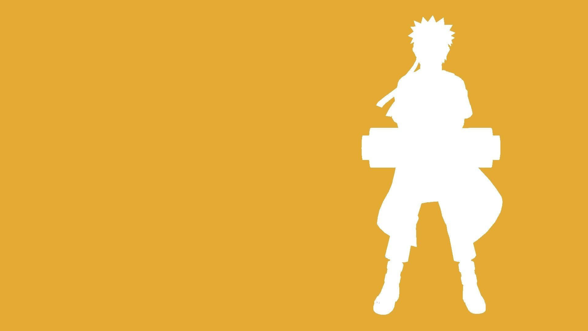 Yellow Naruto 桌布 壁紙 — 在純芥末黃色背景上，一個刺蝟頭髮的動漫角色以動態姿勢呈現的鮮明白色剪影。
