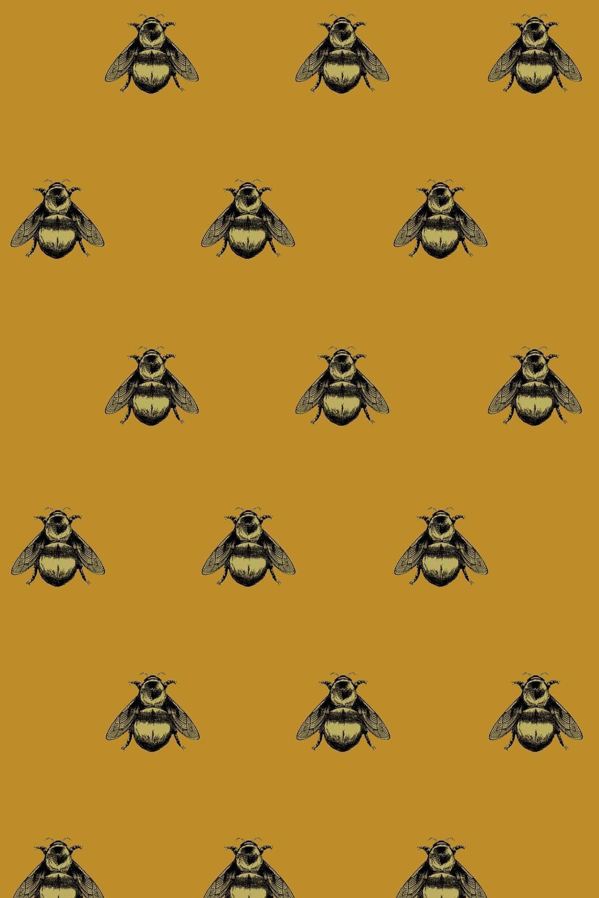 bees 桌布 壁紙 — 在純芥末黃色背景上重複出現的詳細黑色和黃色蜜蜂圖案。
