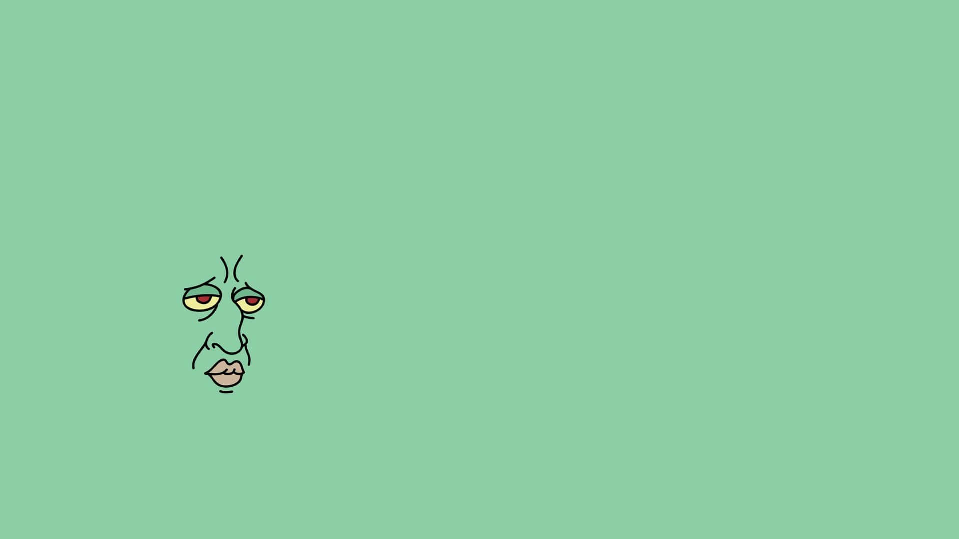 Aesthetic Squidward 桌布 壁紙 — 在純薄荷綠色背景上，一幅極簡線條畫，描繪一張疲倦的臉，眼睛下垂，眉頭緊鎖。