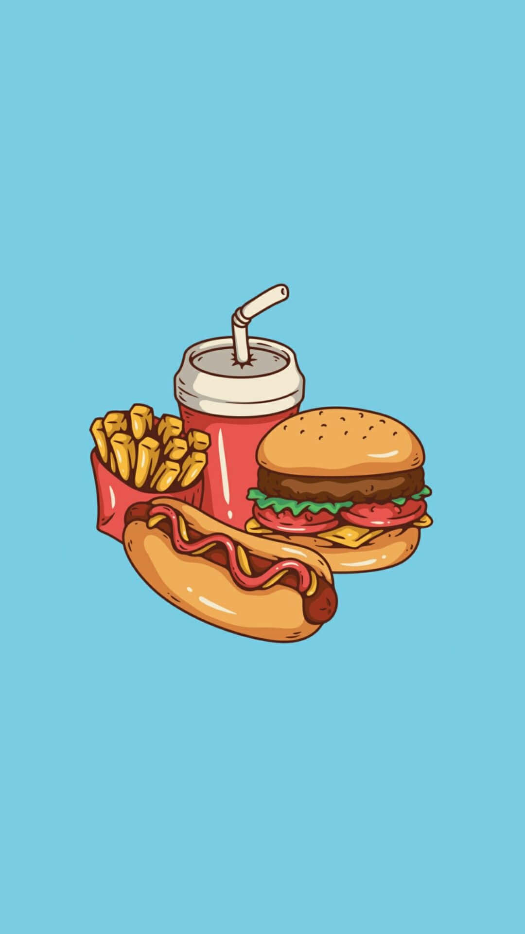Cute Food iPhone 桌布 壁紙 — 在純藍色背景上，卡通風格的速食組合，包括漢堡、熱狗、薯條和汽水。