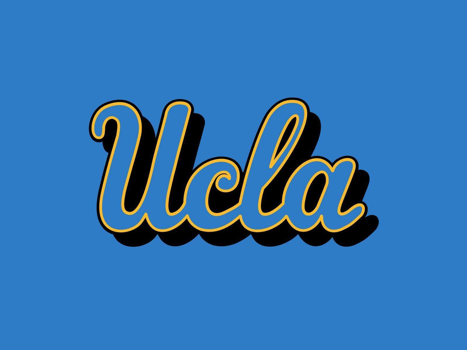 Ucla Campus 桌布 壁紙 — 在純藍色背景上，帶有黑色投影的醒目藍色和金色UCLA標誌。