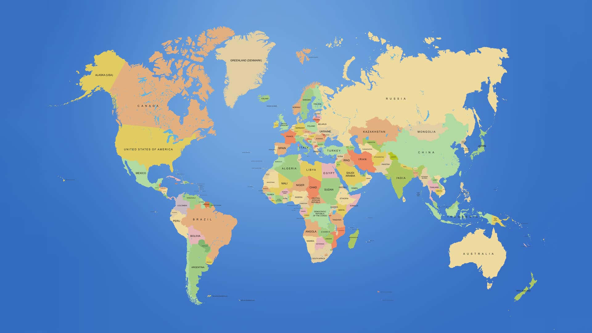 Map 桌布 壁紙 — 在純藍色背景上帶有標籤國家的彩色政治世界地圖。