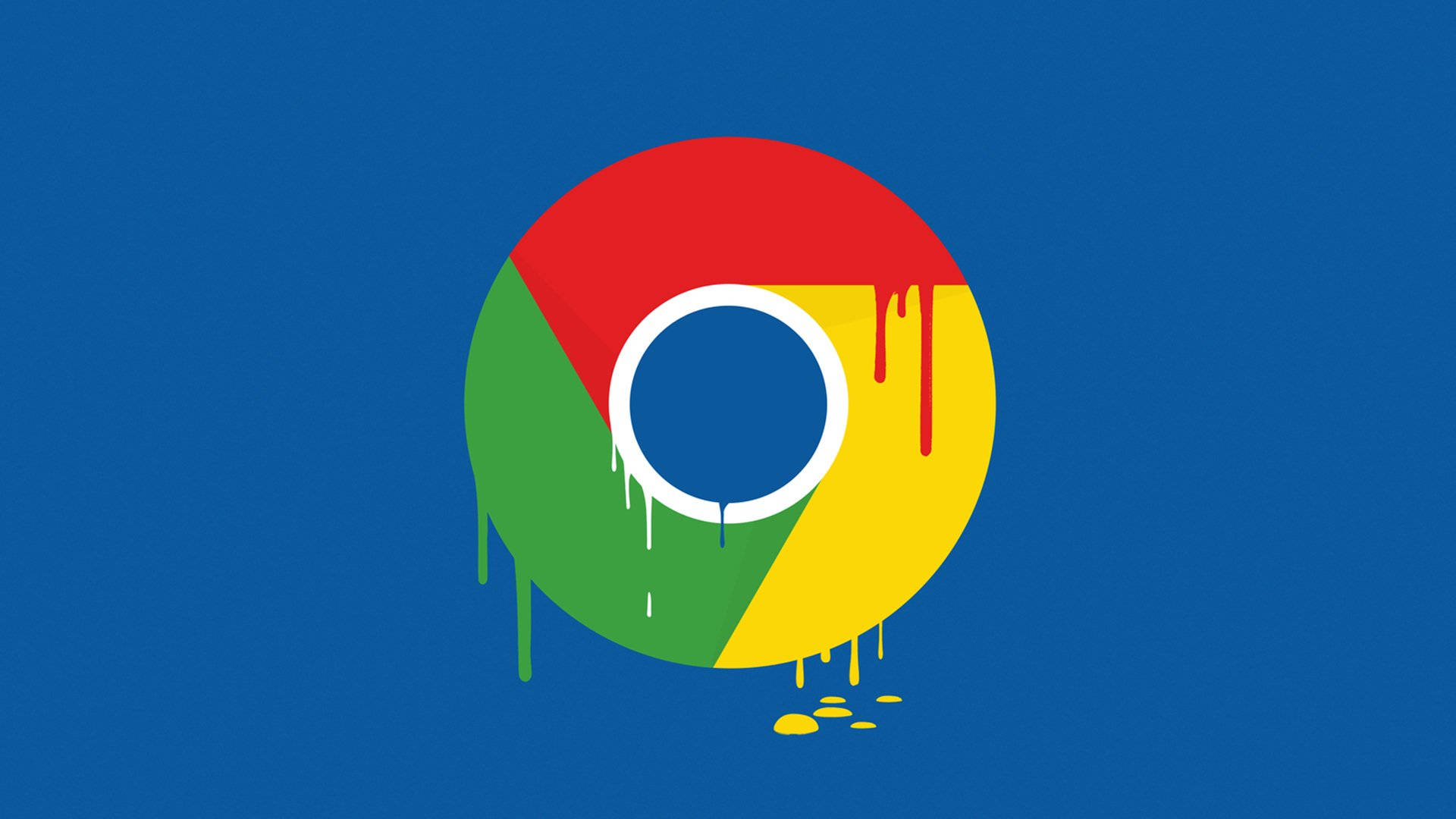 google 桌布 壁紙 — 在純藍色背景上帶有滴漆效果的Chrome標誌。