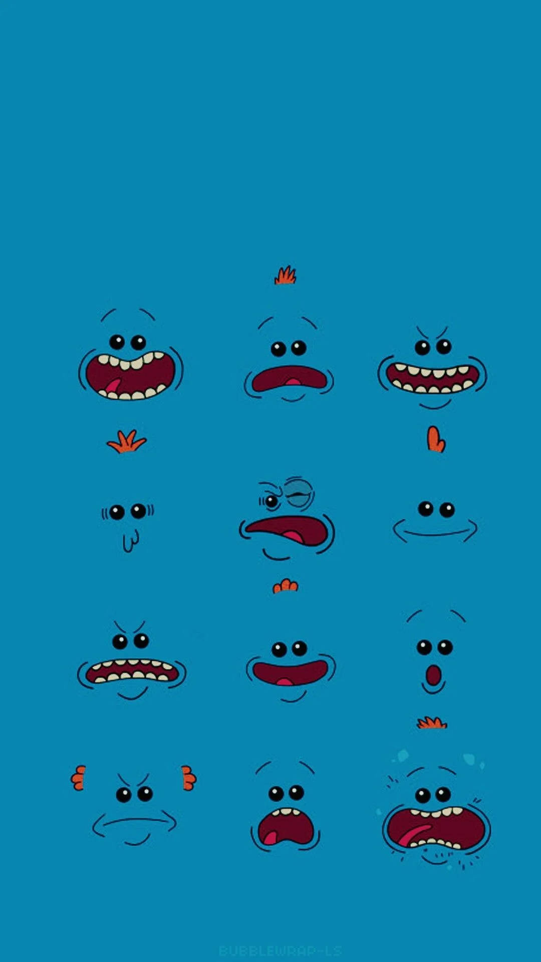 Meeseeks 桌布 壁紙 — 在純藍色背景上的一組卡通面孔，表情誇張。