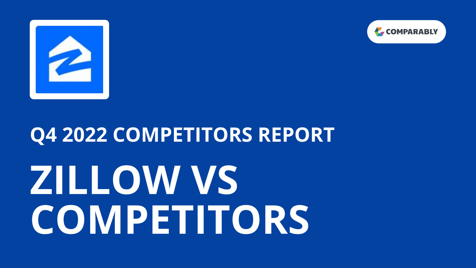 白色 桌布 壁紙 — 在純藍色背景上的粗體白色文字宣佈 Q4 2022 Competitors Report Zillow vs Competitors，並附有標誌。