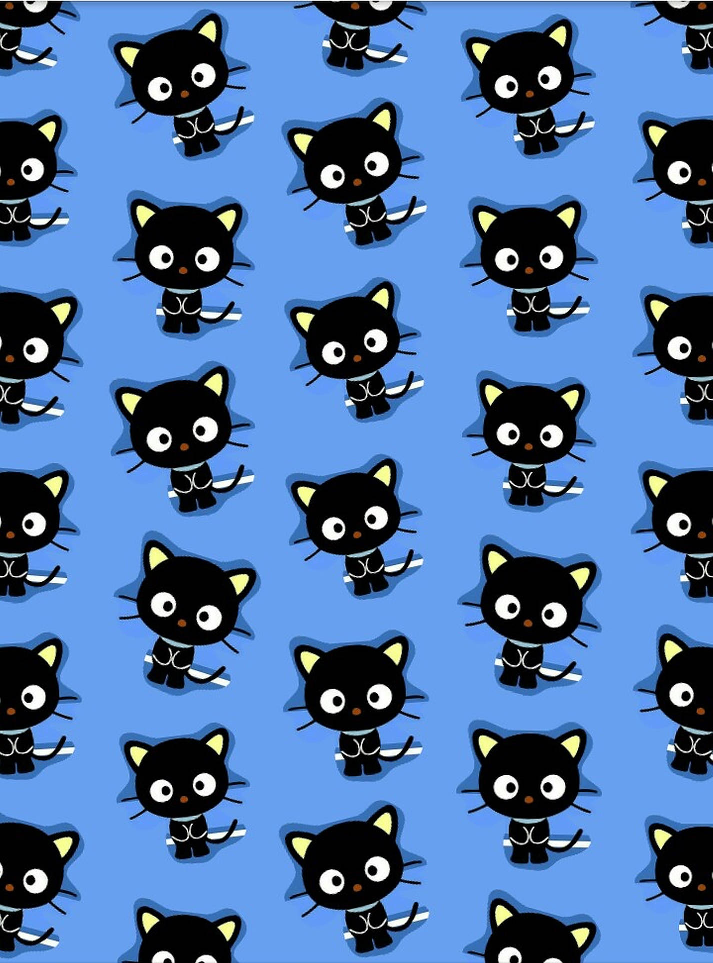Chococat 桌布 壁紙 — 在純藍色背景上重複的可愛黑色卡通貓圖案，帶有黃色耳朵和白色點綴。