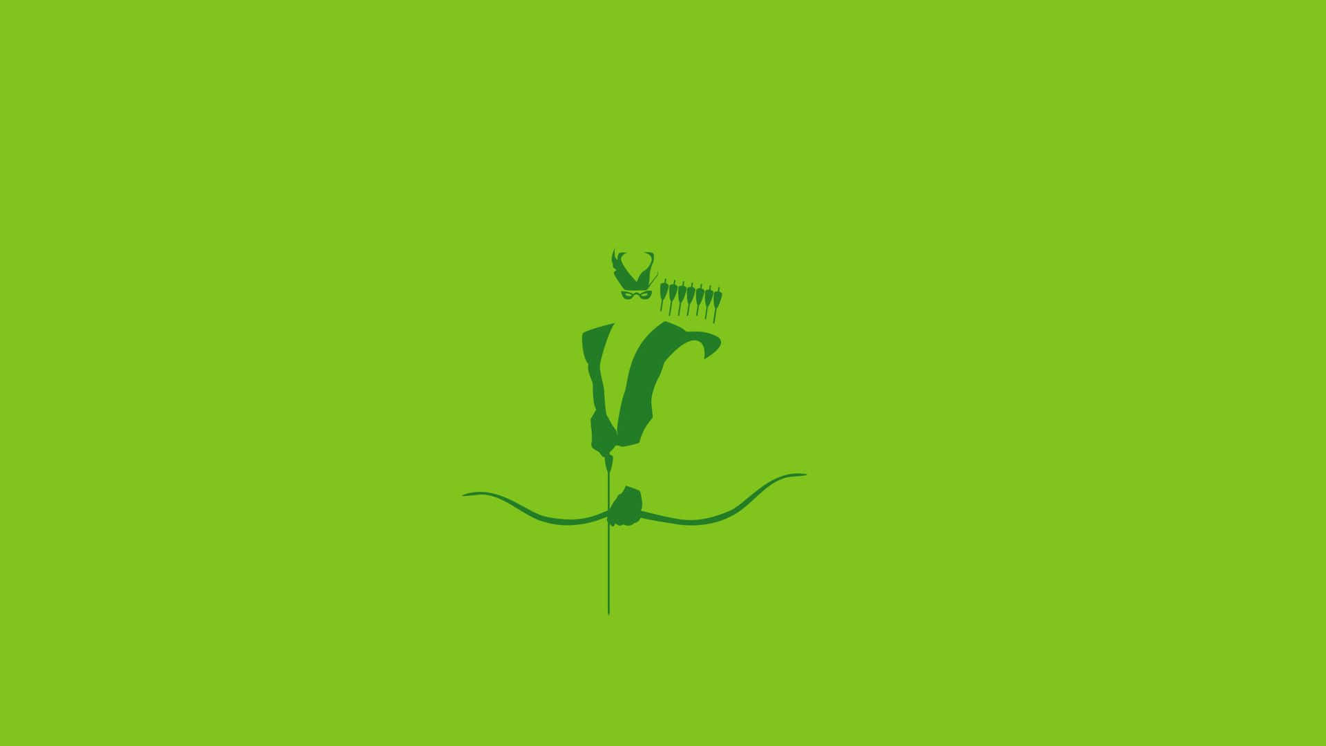 Green Minimalistic 桌布 壁紙 — 在純青檸綠色背景上，一個帶有箭和鹿角的弓箭手的極簡綠色剪影。