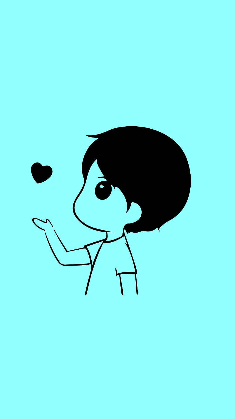 Relationship 桌布 壁紙 — 在純青色背景上，一個孩子伸手觸摸漂浮心臟的極簡黑色線條畫。