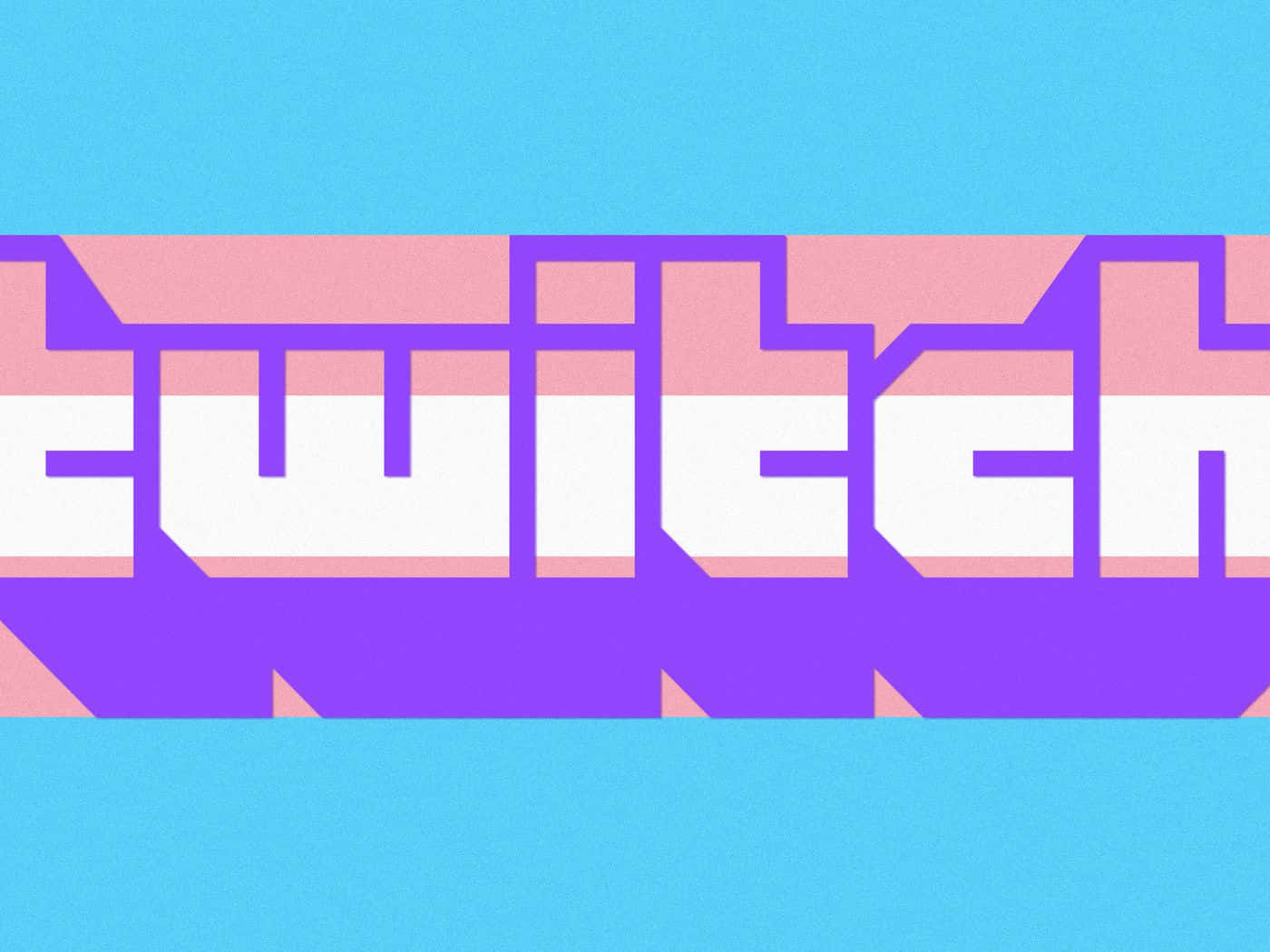 Twitch 桌布 壁紙 — 在純青色背景上，以紫色、粉紅色和白色呈現大膽幾何形狀的「twitch」標誌。