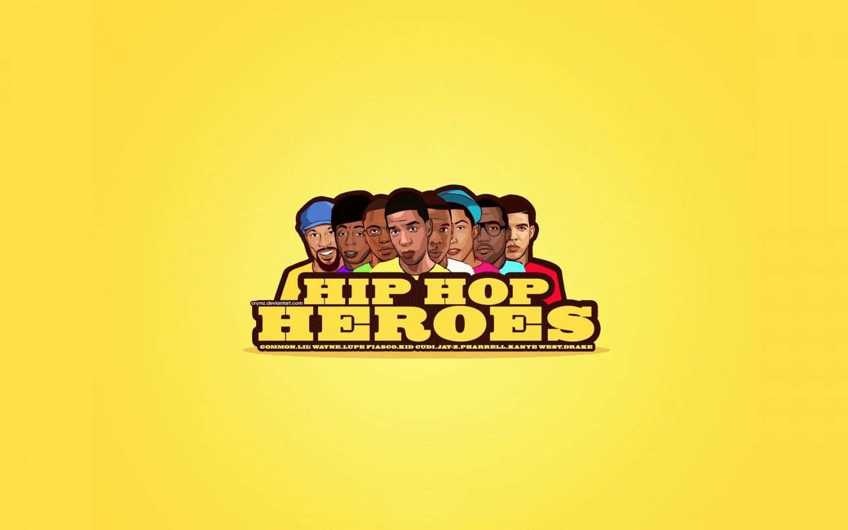 graphic design 桌布 壁紙 — 在純黃色背景上，『HIP HOP HEROES』文字下方有七位嘻哈藝術家的大膽卡通插圖。
