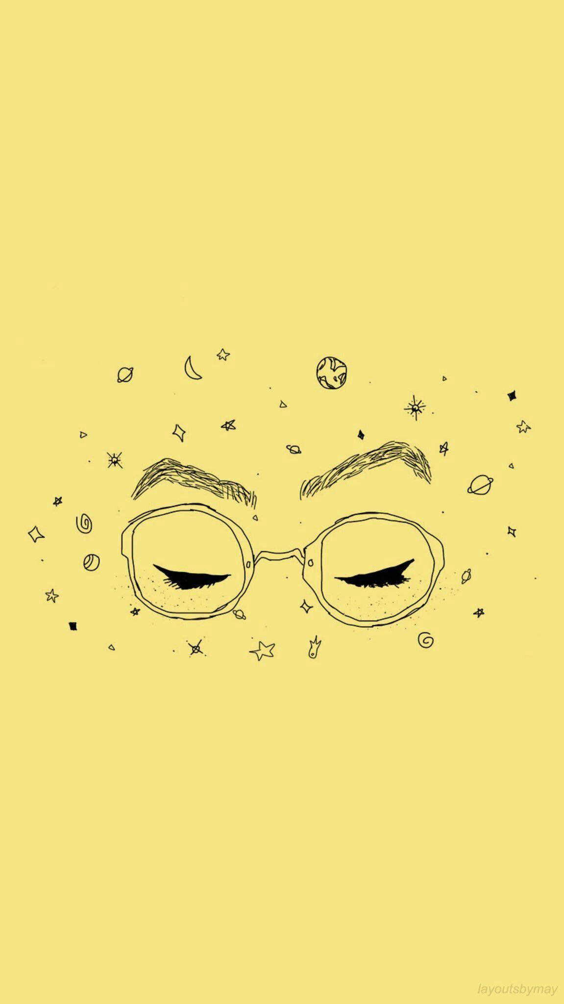美學藝術 桌布 壁紙 — 在純黃色背景上，一幅極簡線條畫，描繪戴眼鏡的閉眼，周圍環繞著宇宙塗鴉。
