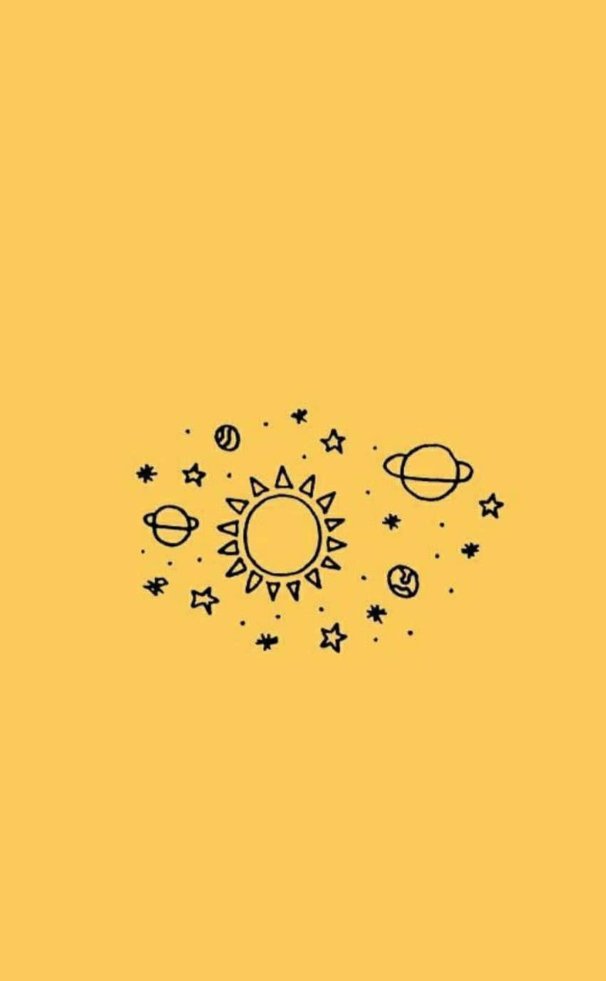 Yellow 桌布 壁紙 — 在純黃色背景上，以極簡黑色線條繪製的太陽，周圍環繞著行星和星星。
