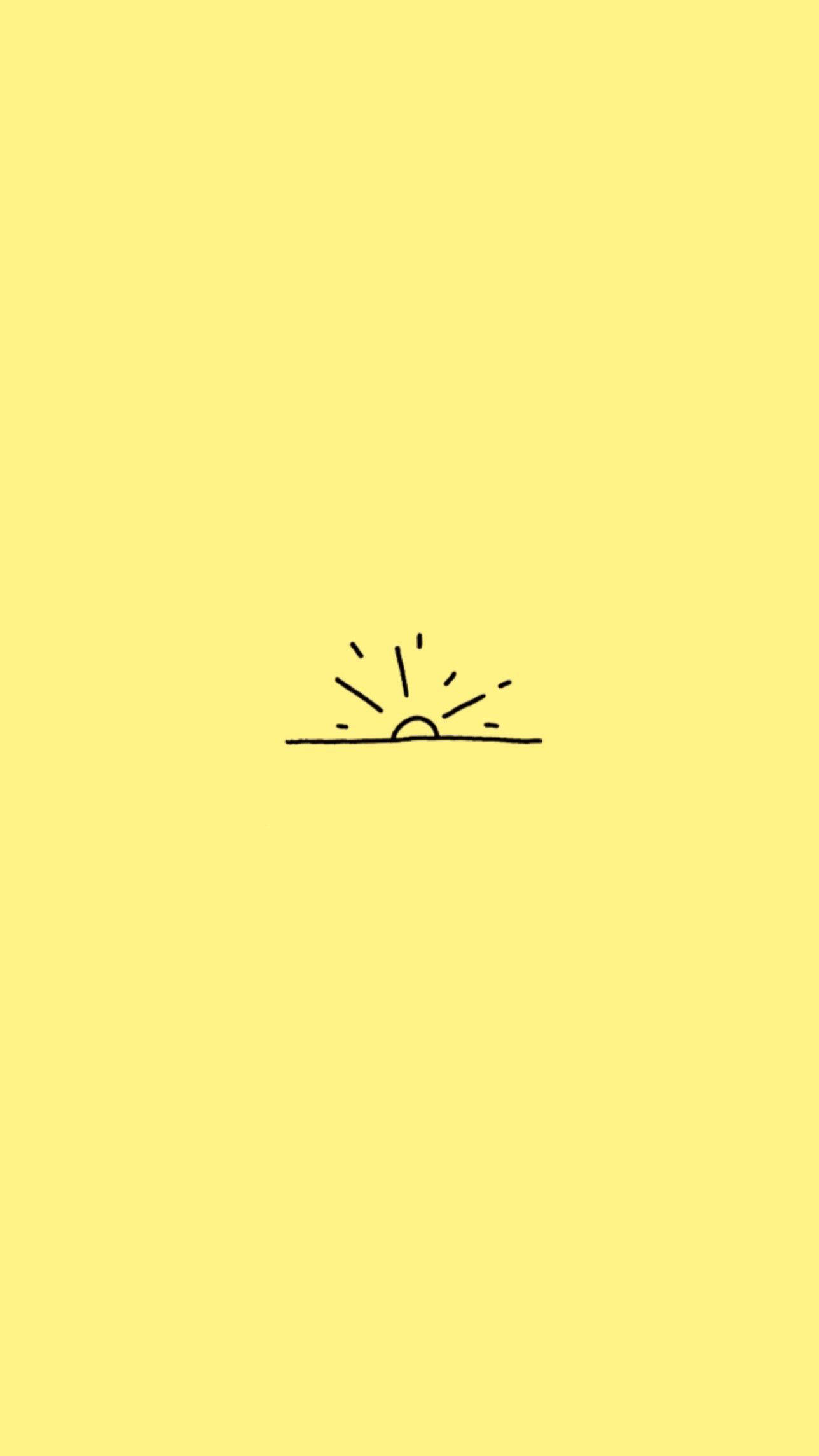 Cute Yellow Aesthetic 桌布 壁紙 — 在純黃色背景上，以極簡黑色線條繪製的旭日東升圖，帶有光芒。