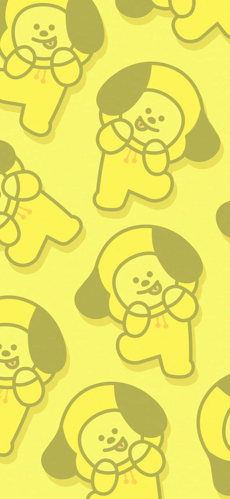 BT21 桌布 壁紙 — 在純黃色背景上，重複圖案呈現出歡快的黃色卡通狗，帶有深色耳朵和簡單的微笑。