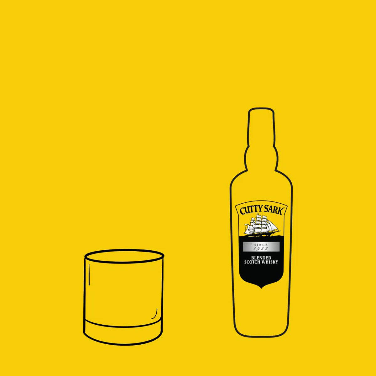 alcohol 桌布 壁紙 — 在純黃色背景上以極簡線條繪製的 Cutty Sark 威士忌酒瓶和酒杯。