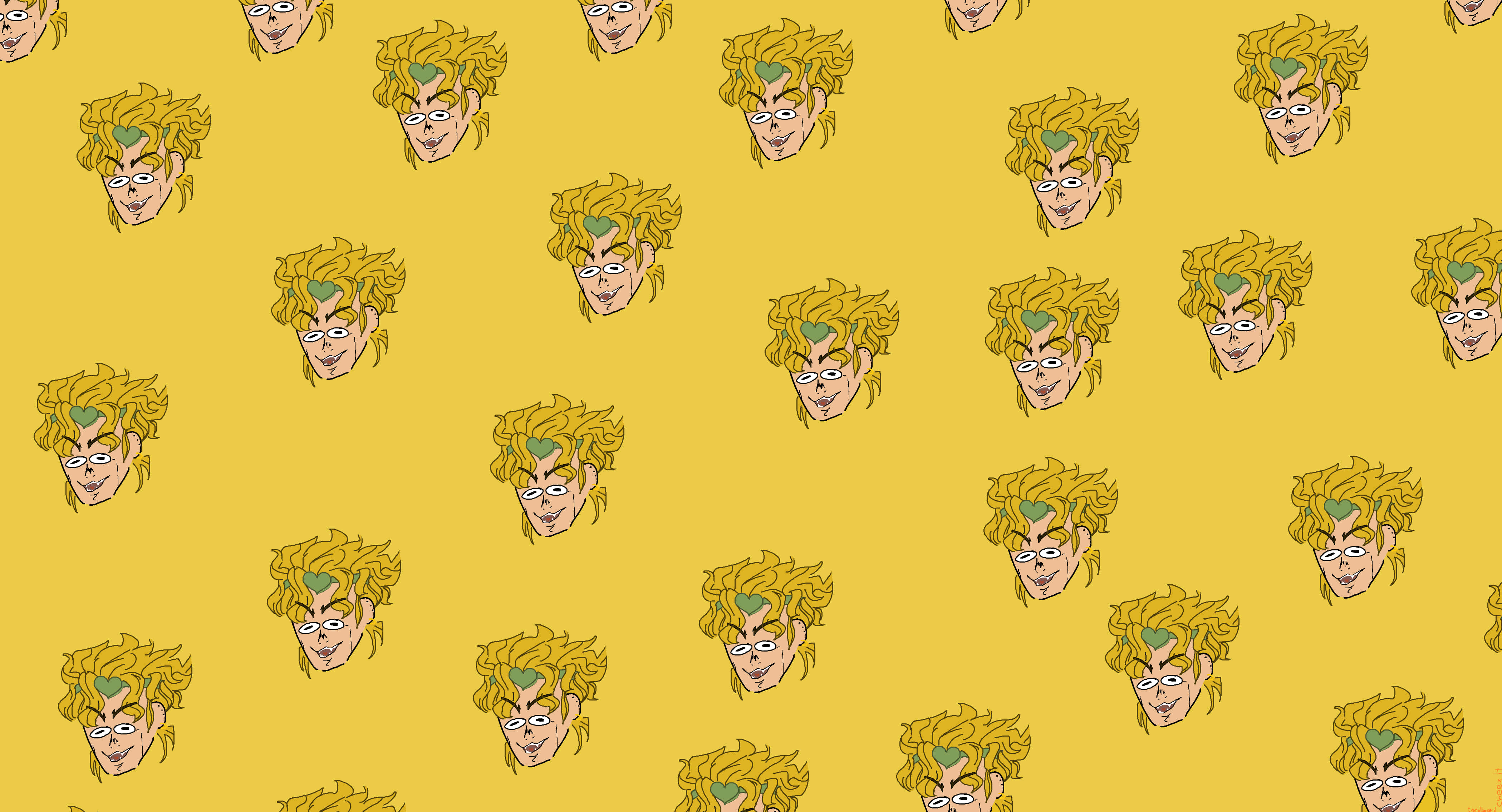 Jjba 桌布 壁紙 — 在純黃色背景上重複出現的卡通面孔，帶有狂野的黃色頭髮和綠色心形額頭。