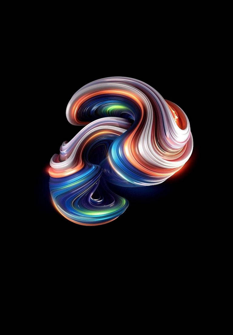 抽象 桌布 壁紙 — 在純黑背景上，一個充滿活力的漩渦狀抽象形態，帶有發光的彩虹色調。
