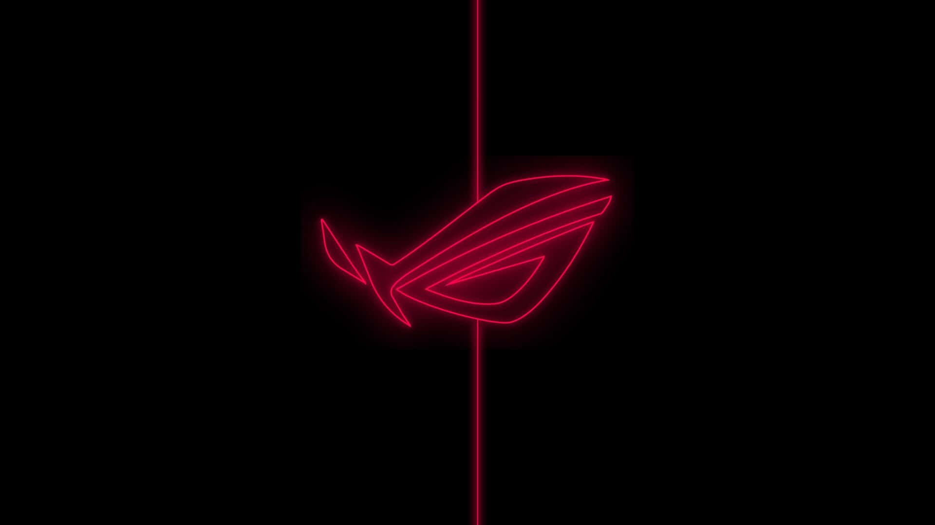 ASUS 桌布 壁紙 — 在純黑背景上，一個發光的紅色ROG標誌以霓虹燈勾勒，並有一條垂直的紅線穿過。