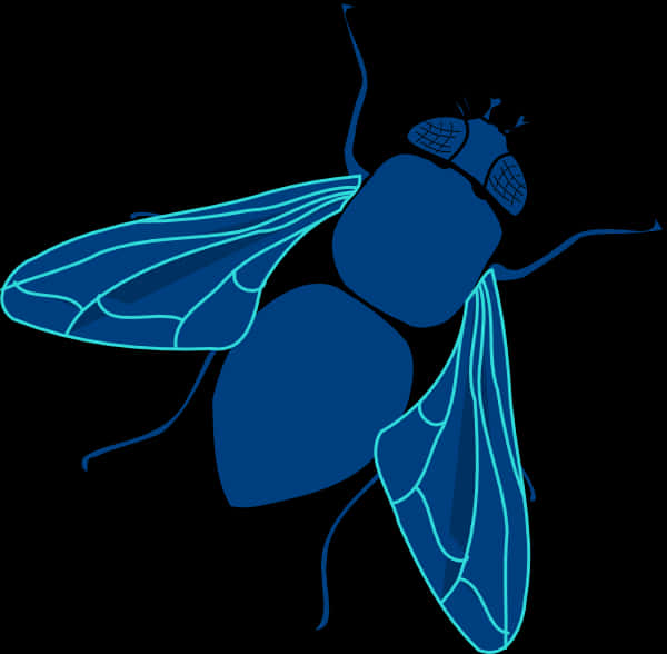 Insects 桌布 壁紙 — 在純黑背景上，一隻發光藍色蒼蠅剪影，帶有以霓虹藍勾勒的詳細翅膀。