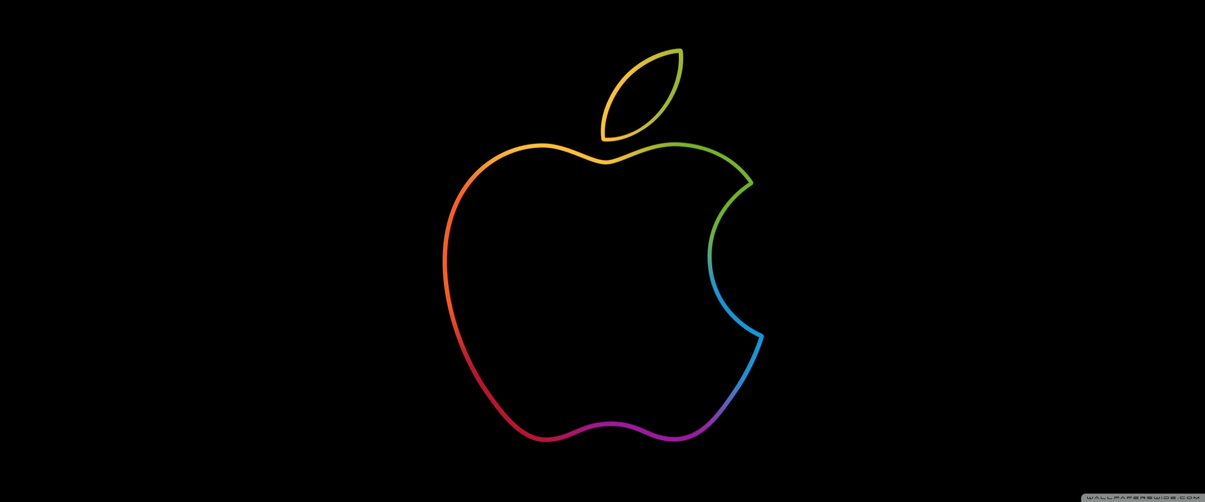 Apple 3840x1600 桌布 壁紙 — 在純黑背景上發光的彩虹色Apple標誌輪廓。