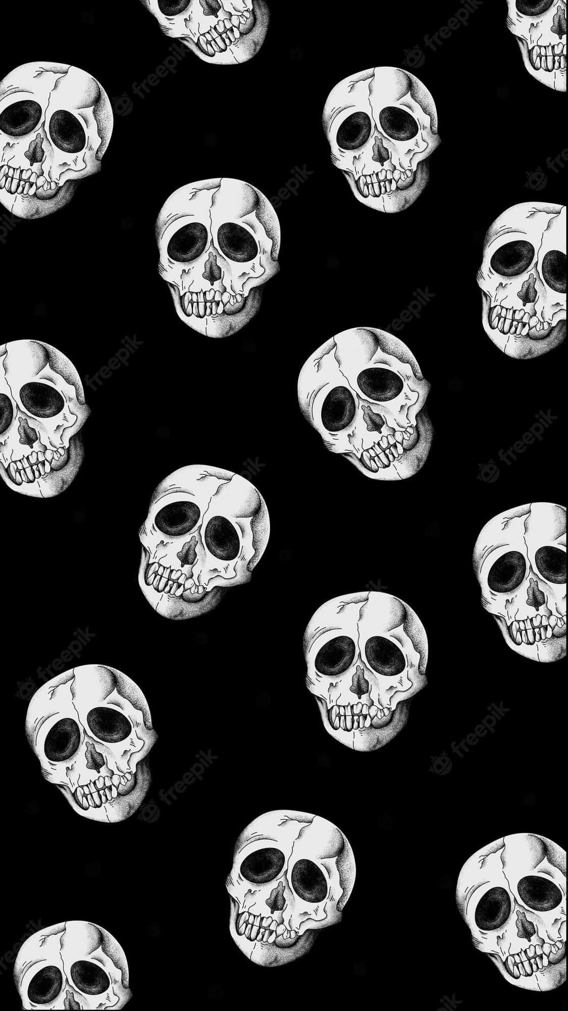Skull Phone 桌布 壁紙 — 在純黑背景上重複排列的細緻白色骷髏圖案，營造出大膽的哥德式壁紙設計。