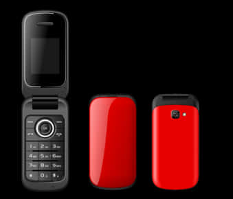 Mobile Phone 桌布 壁紙 — 在純黑背景下展示的紅黑摺疊手機的三個視角。