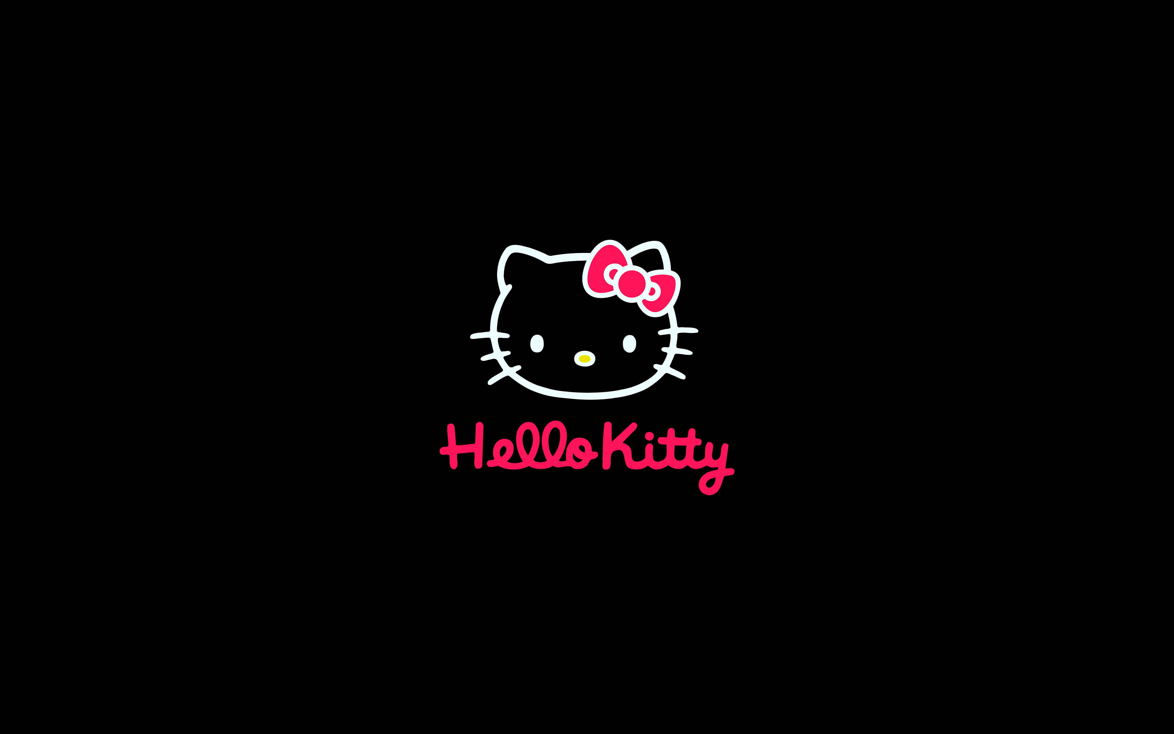 Hello 桌布 壁紙 — 在純黑色背景上，Hello Kitty 的極簡白色線條畫，帶有粉紅色蝴蝶結和名字文字。
