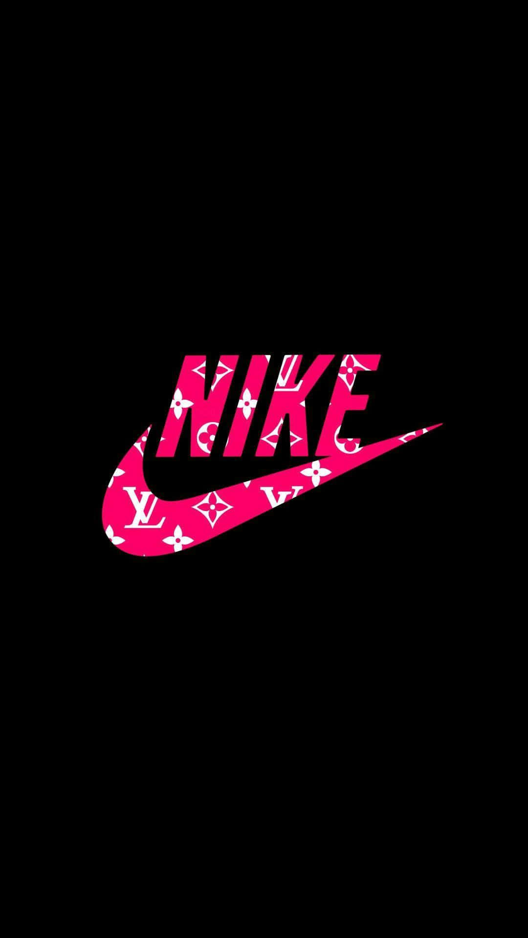 路易威登 桌布 壁紙 — 在純黑色背景上，一個大膽的粉紅色Nike勾勾和標誌，裡面填滿了白色的Louis Vuitton monogram圖案。