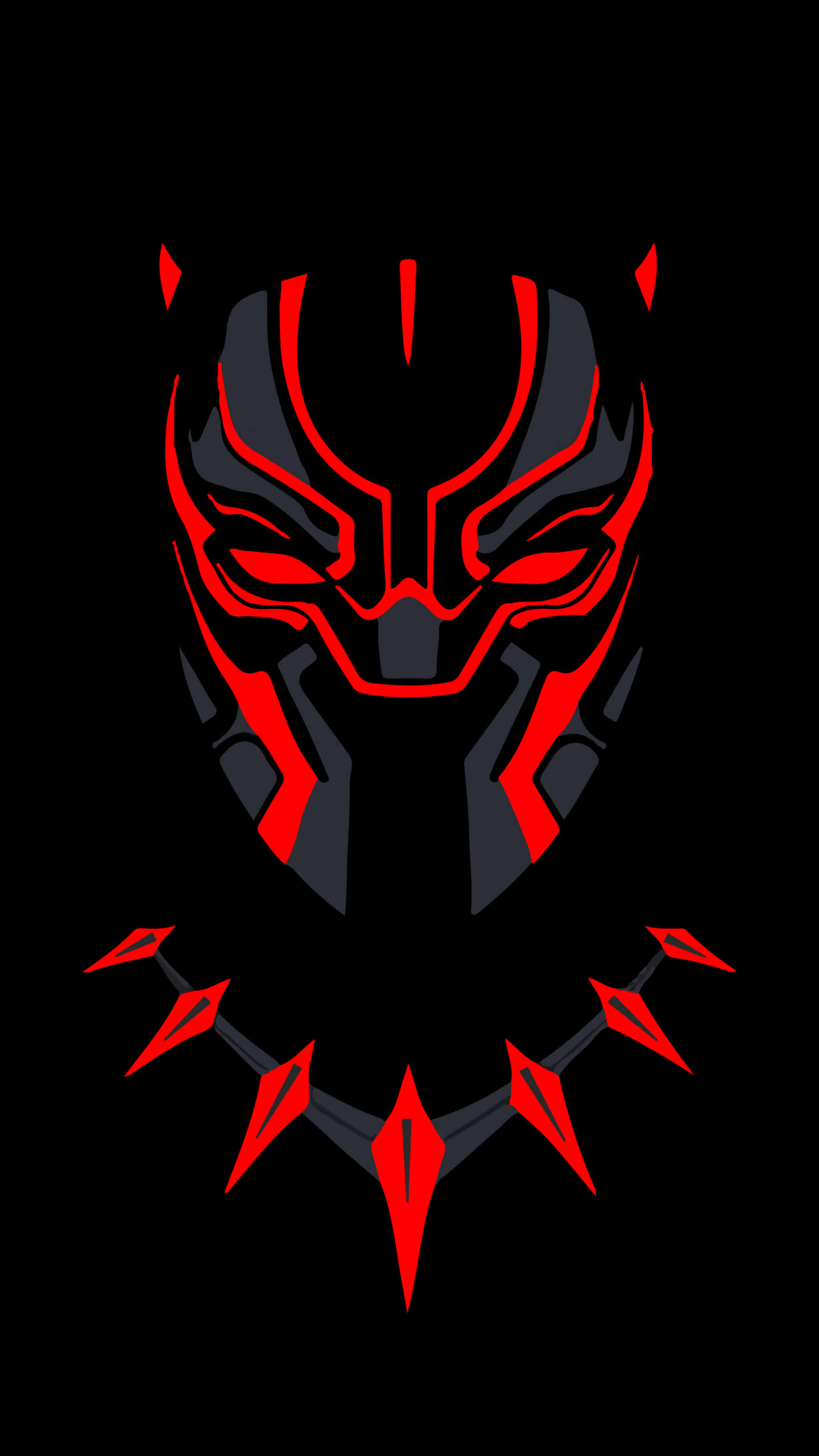 Black Panther Hero 桌布 壁紙 — 在純黑色背景上，一個大膽的紅黑風格化黑豹面具，帶有鋸齒狀項鍊。