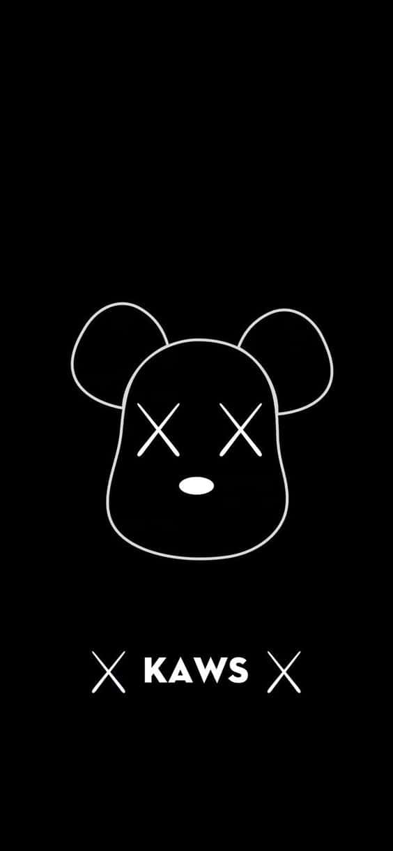 桌布 壁紙 — 在純黑色背景上，一個帶有 X 眼睛的 KAWS 熊頭極簡白色線條畫。