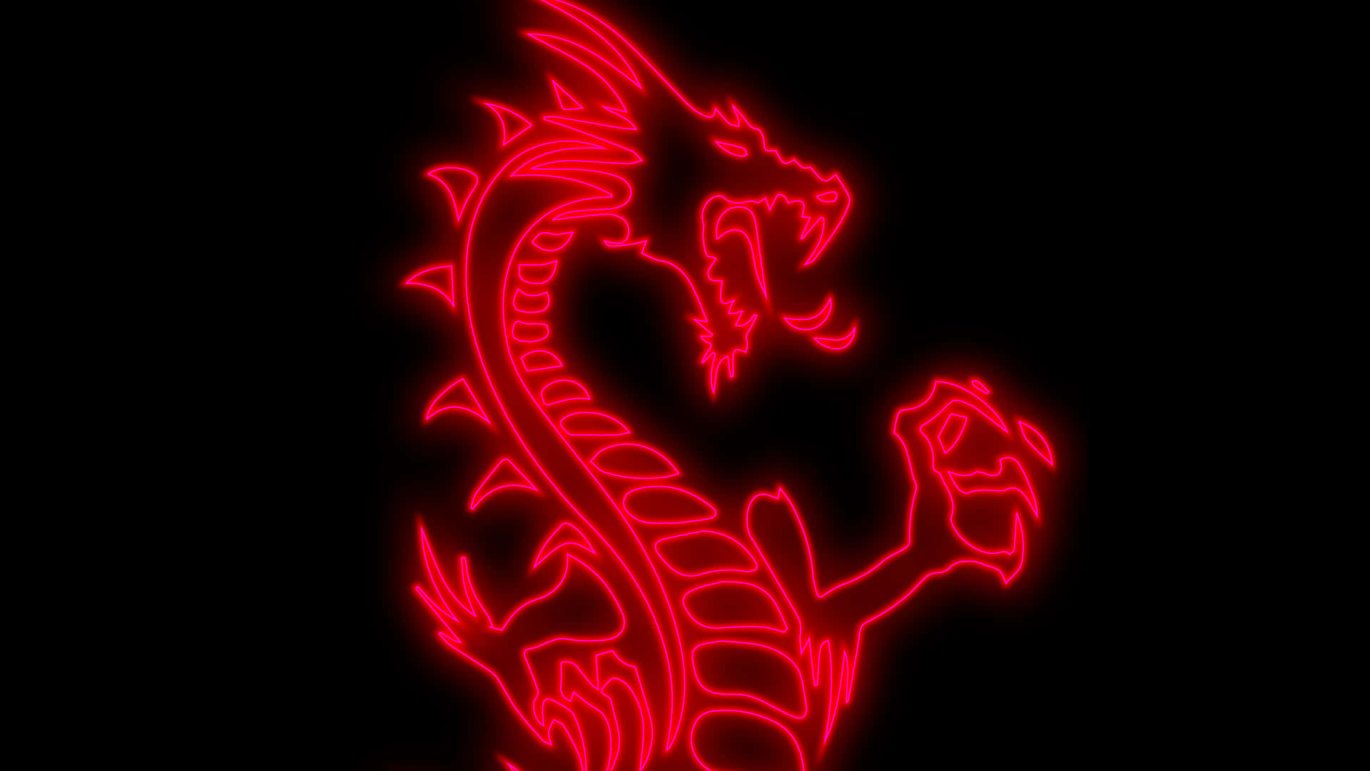 Black Red Neon 桌布 壁紙 — 在純黑色背景上，一個帶有尖銳尖刺和張開下顎的發光紅色霓虹龍剪影。