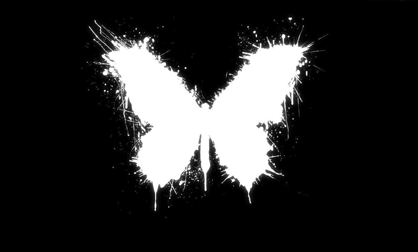 Dark Butterfly 桌布 壁紙 — 在純黑色背景上，一個帶有飛濺顏料邊緣的鮮明白色蝴蝶剪影。