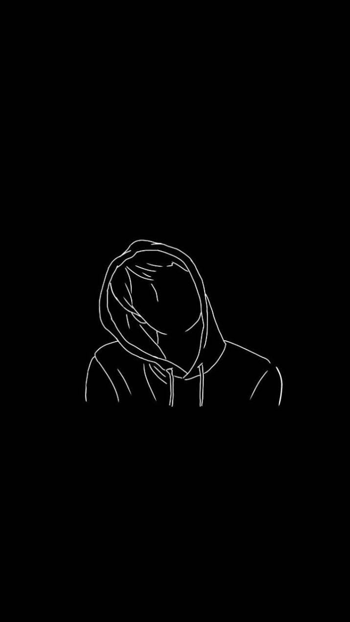 Trippy Dark 桌布 壁紙 — 在純黑色背景上，一個戴著兜帽、臉部隱藏的人物極簡白色線條畫。
