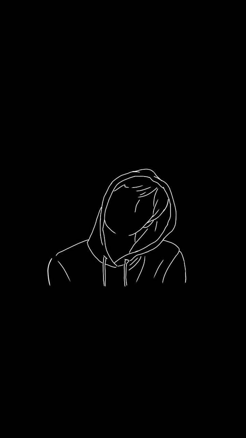 Aesthetic Drawings 桌布 壁紙 — 在純黑色背景上，一個戴著兜帽、臉部隱藏的人物極簡白色線條畫。
