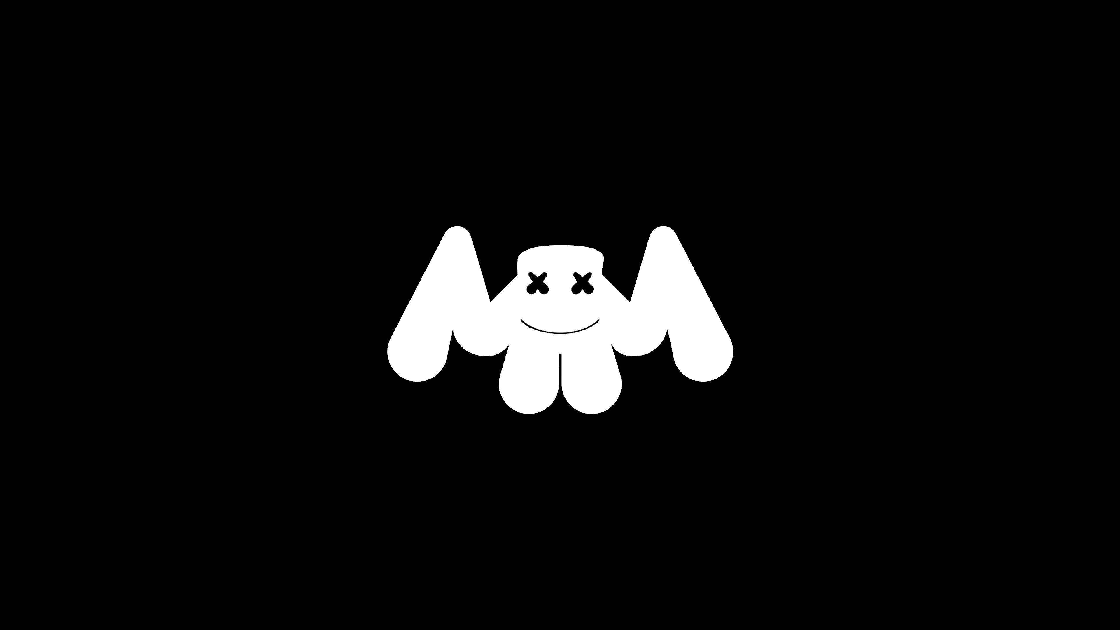 Marshmello 動態圖 桌布 壁紙 — 在純黑色背景上，一個極簡的白色蝙蝠標誌，帶有X形眼睛和微笑。