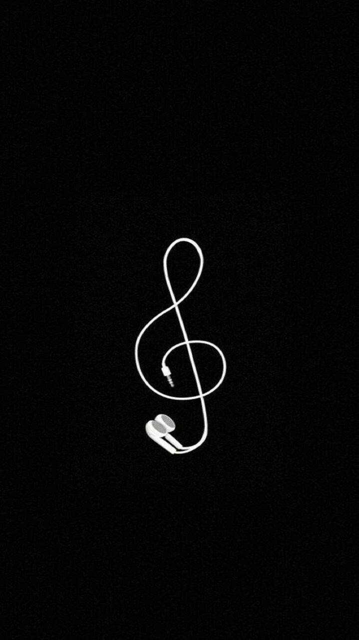 音樂 桌布 壁紙 — 在純黑色背景上，一個極簡風格的白色高音譜號形狀耳機線。
