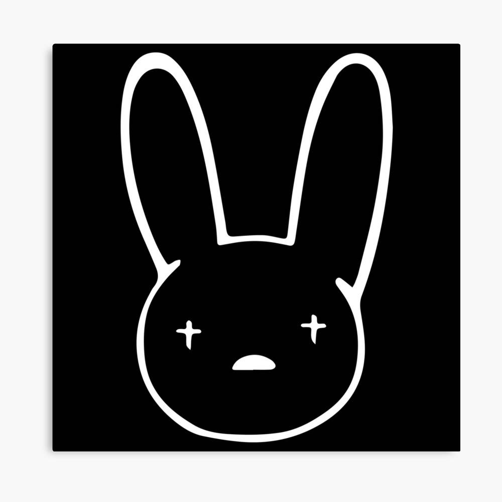 Bad Bunny Logo 桌布 壁紙 — 在純黑色背景上，一個極簡風格的白色線條兔子臉，帶有交叉眼和小嘴巴。