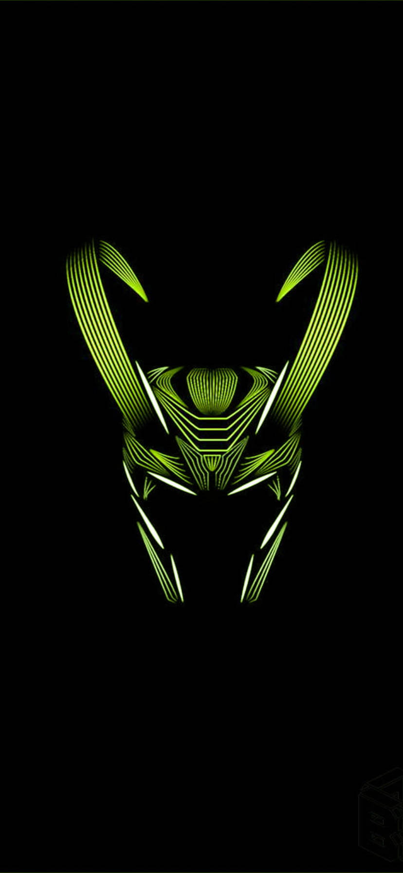 marvel iPhone xr 桌布 壁紙 — 在純黑色背景上，一個發光的萊姆綠色抽象幾何面具，具有銳利的線條和對稱的曲線。