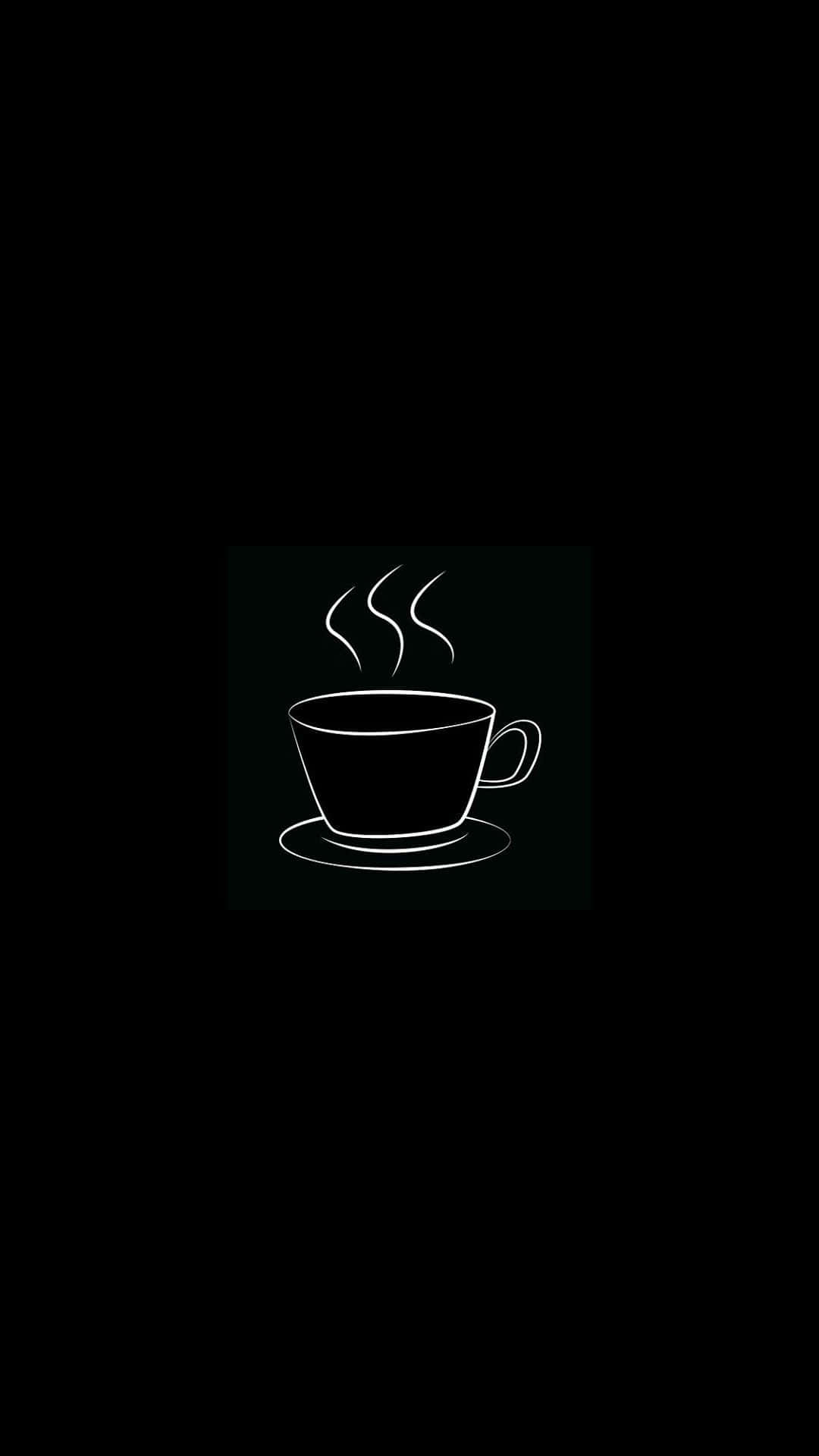 Minimalist Coffee 桌布 壁紙 — 在純黑色背景上，一個盛在碟子上的冒煙咖啡杯的極簡白色線條畫。