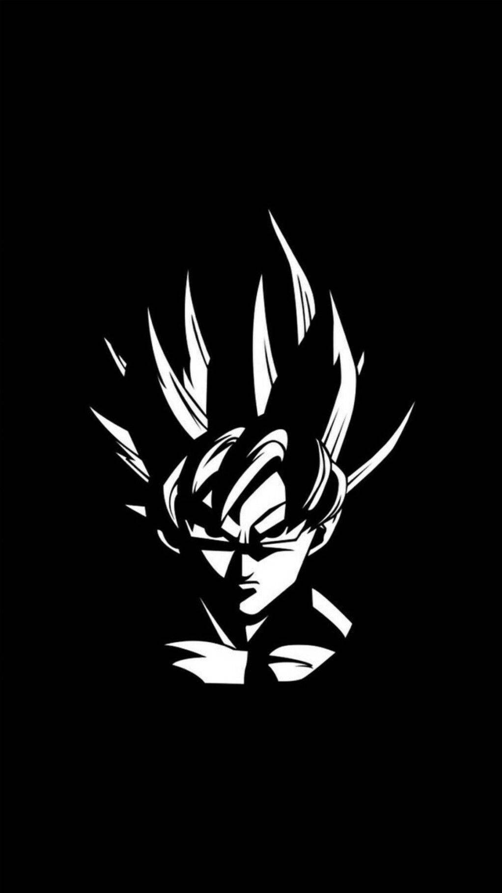 Goku Black And White 桌布 壁紙 — 在純黑色背景上，一個頭髮尖刺、眼神銳利的動漫戰士的清晰白色剪影。