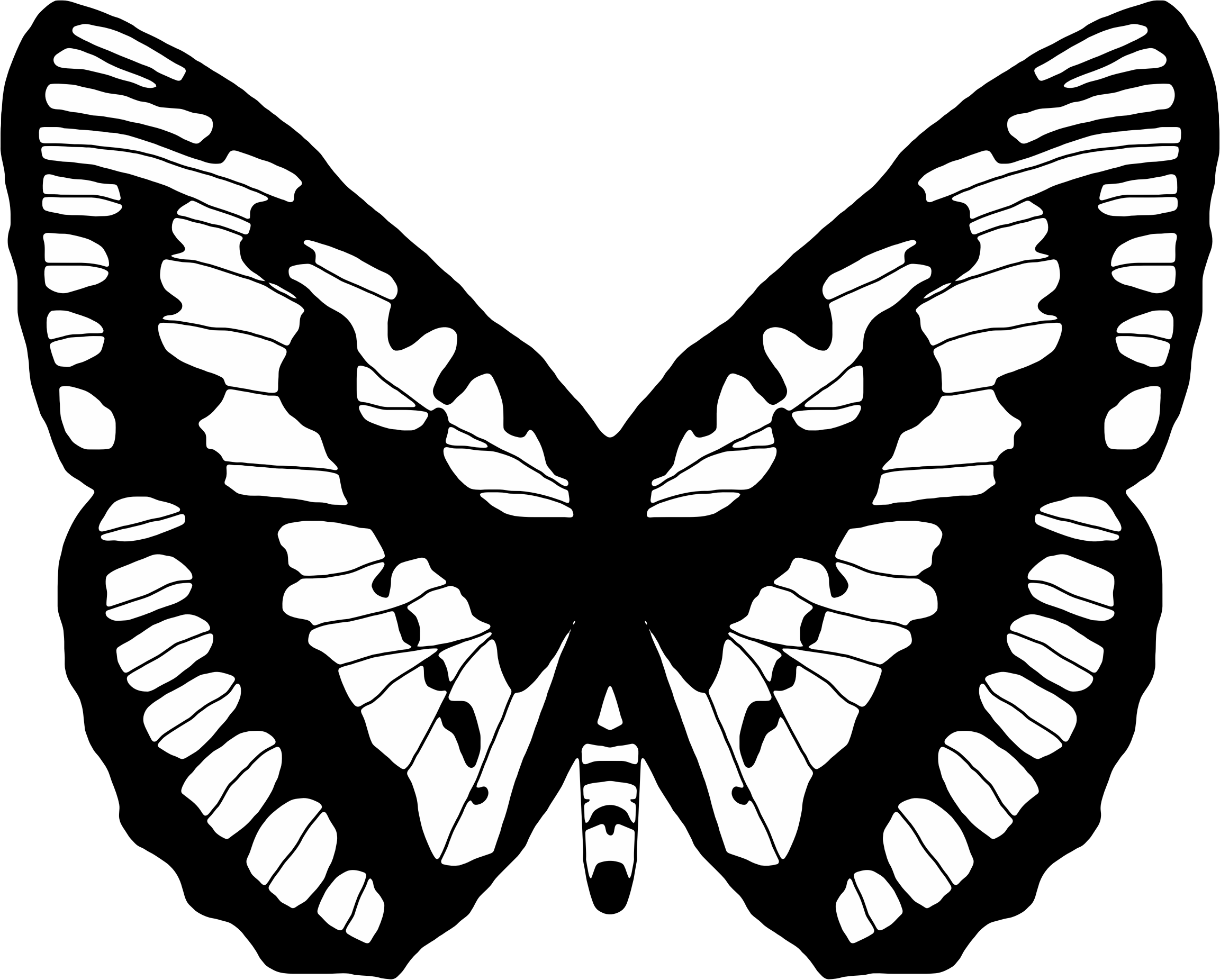 Butterfly Black And White 桌布 壁紙 — 在純黑色背景上，一個鮮明的白色風格化蝴蝶剪影，帶有分層的翅膀部分。