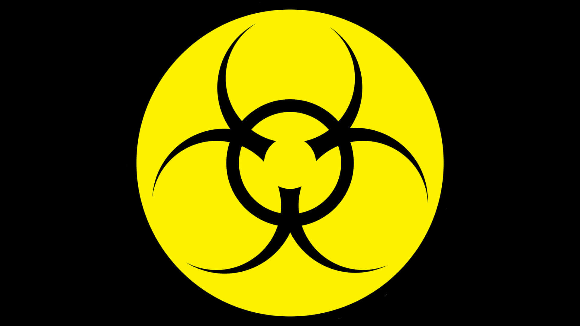 toxic 桌布 壁紙 — 在純黑色背景上，一個鮮黃色的生物危害標誌帶有黑色風格化曲線。