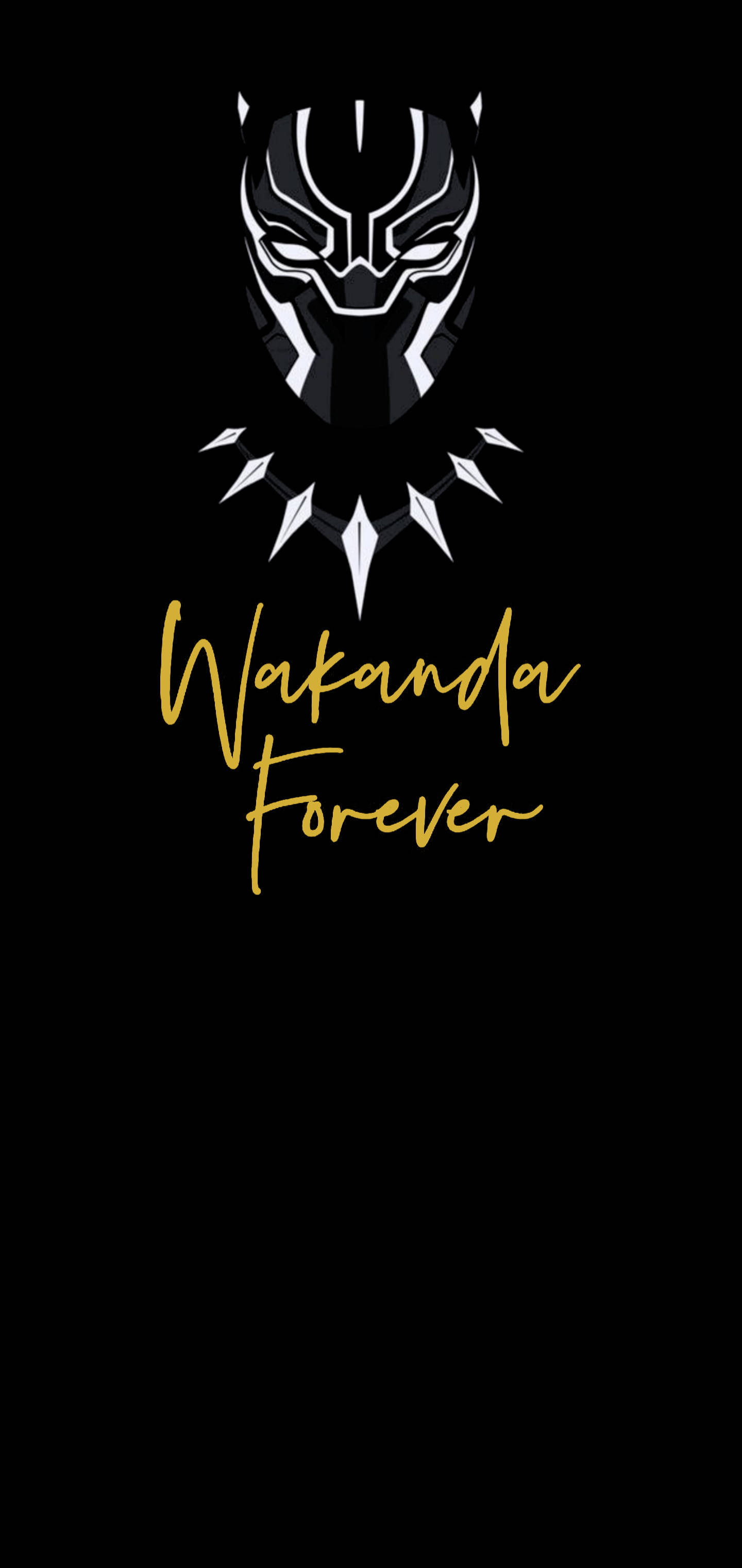Wakanda 桌布 壁紙 — 在純黑色背景上，一個黑金色的Wakanda Forever標誌，帶有風格化的黑豹面具和鋸齒狀項鍊。