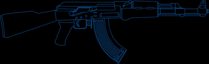 Weapons 桌布 壁紙 — 在純黑色背景上，一把發光的藍色線條藝術突擊步槍輪廓。