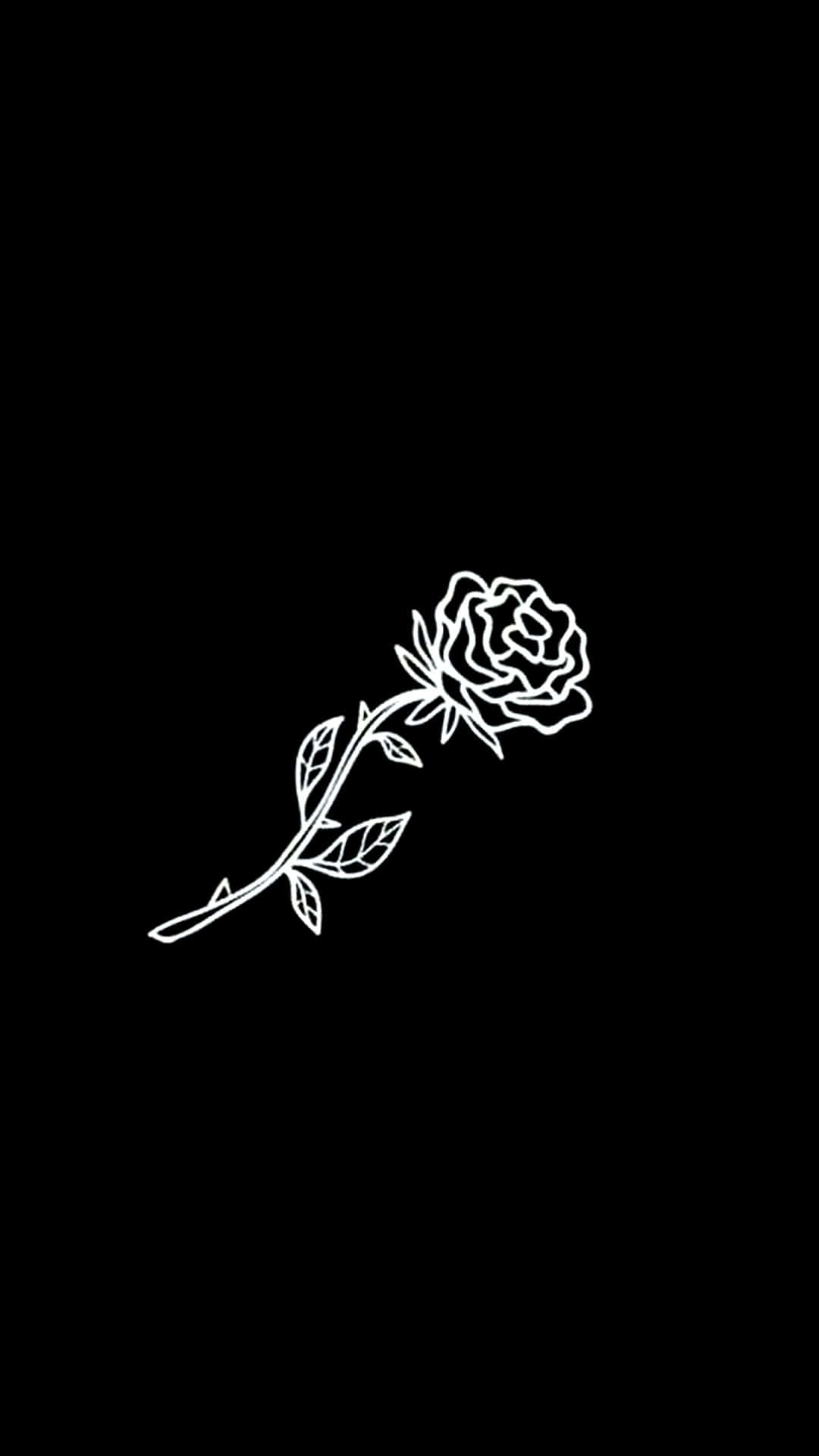 Aesthetic Black 桌布 壁紙 — 在純黑色背景上，一朵帶莖和葉的玫瑰的極簡白色線條畫。