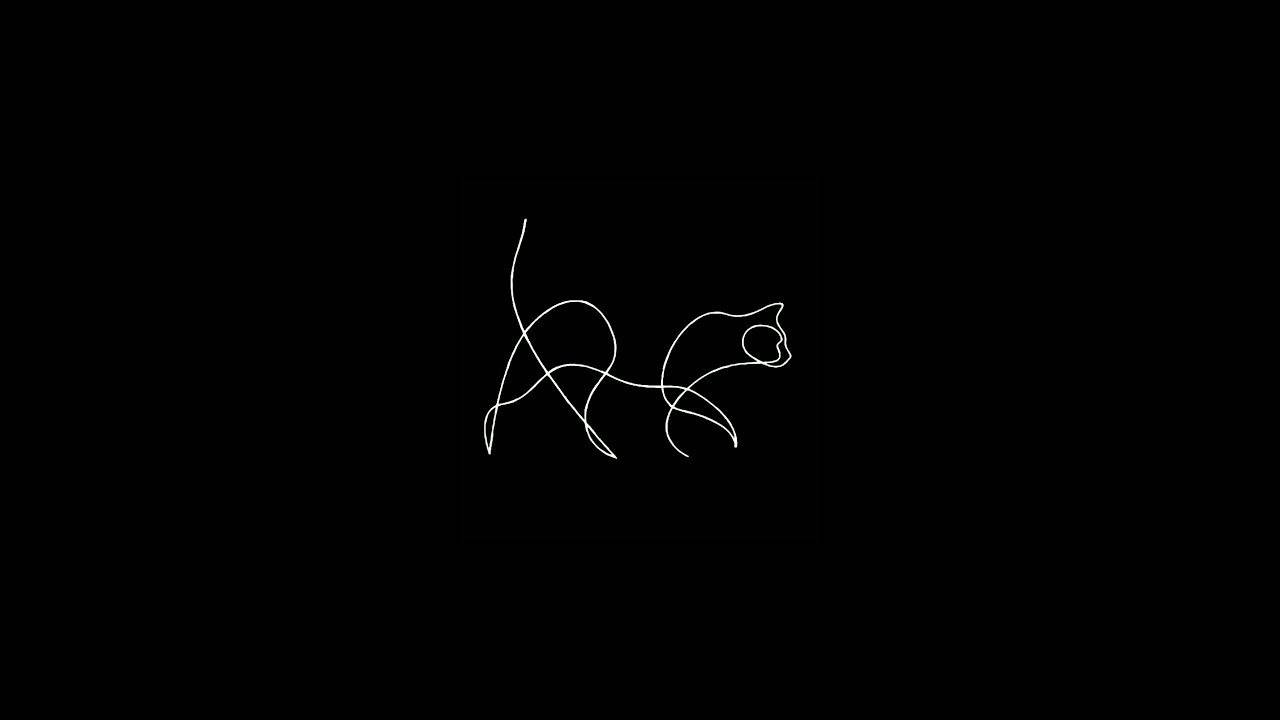 One Line Drawing 桌布 壁紙 — 在純黑色背景上，一隻貓在移動中的極簡白色線條畫。
