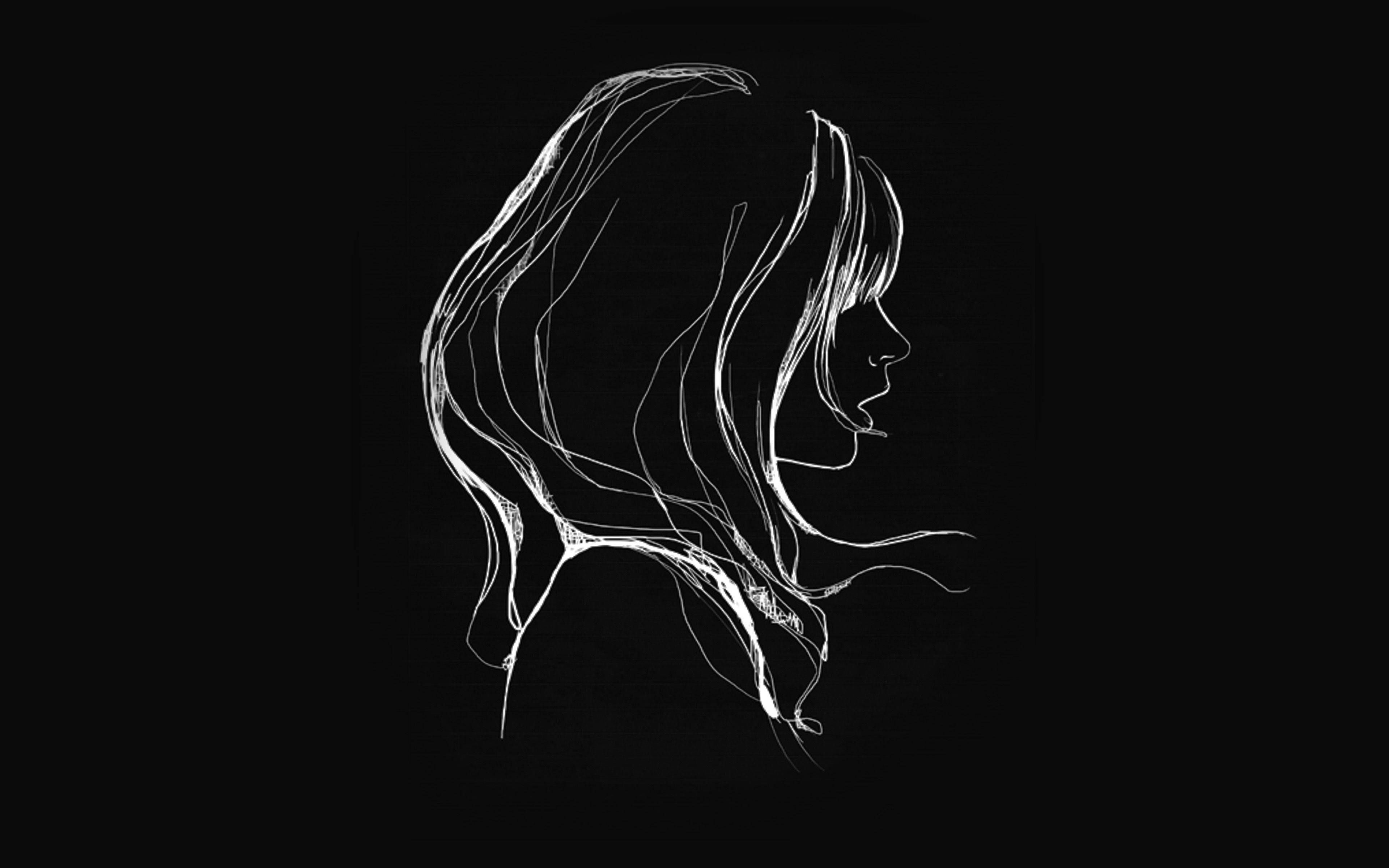 Aesthetic Drawings 桌布 壁紙 — 在純黑色背景上，以極簡白色線條繪製的女性側面輪廓，頭髮飄逸。