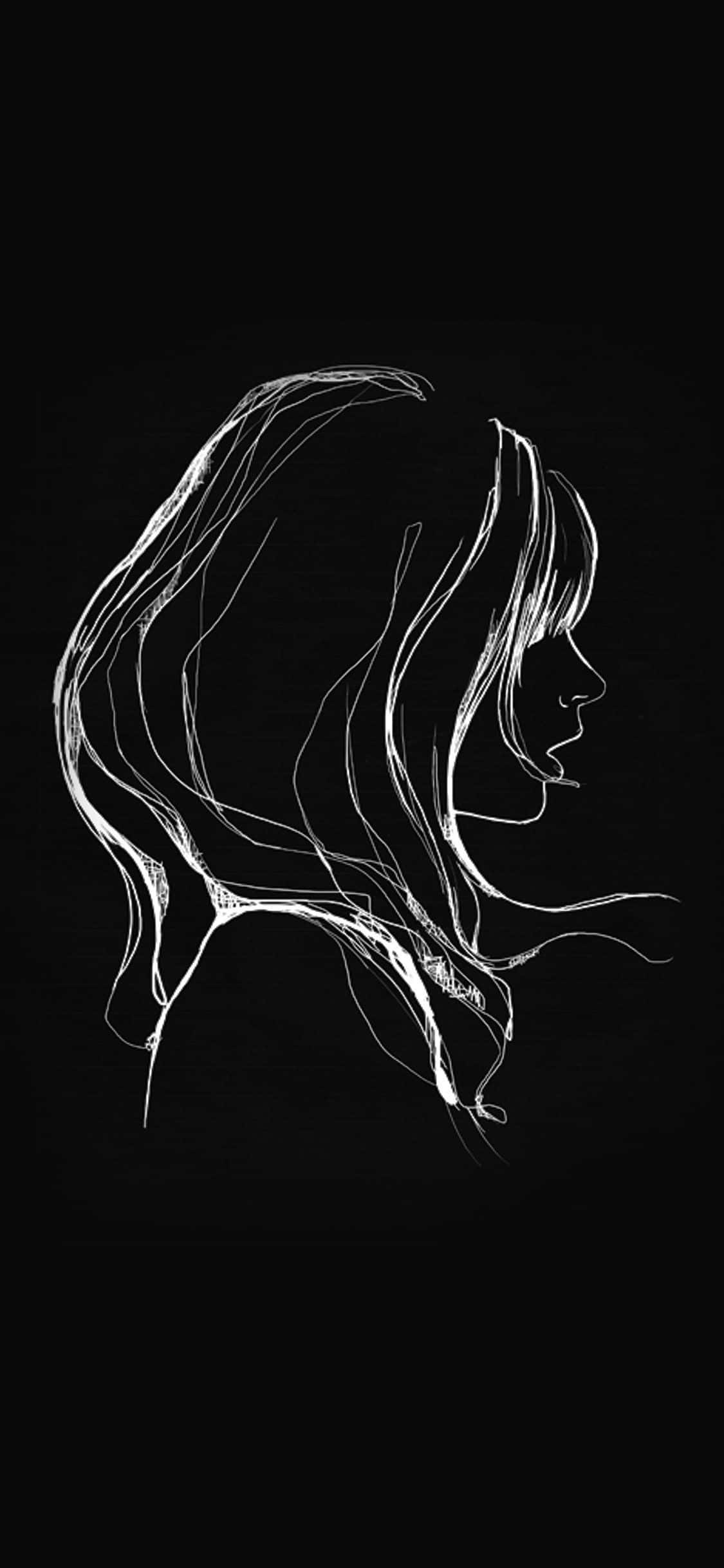 Black And White Drawing 桌布 壁紙 — 在純黑色背景上，以極簡白色線條繪製的女性側面輪廓，頭髮飄逸。